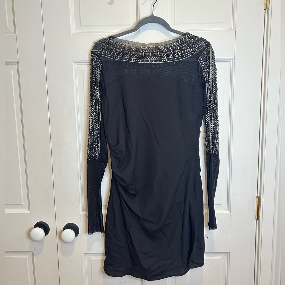 Black Long Sleeve Beaded Mini Dress